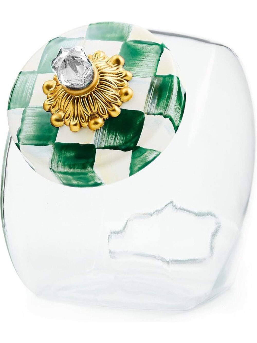 Vintage Glass Sweets Jar with Lid, Green & White Checkered Design, Home Decor